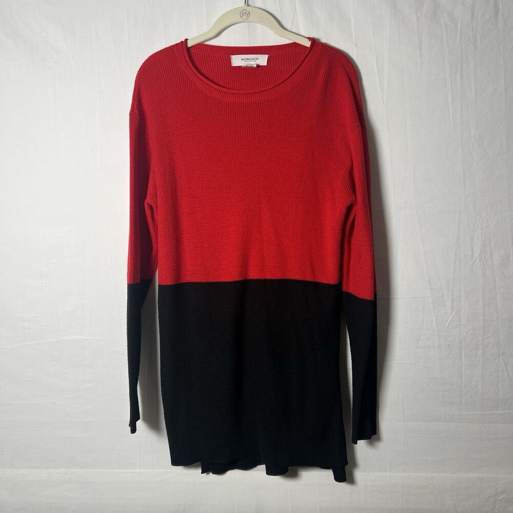 Women's Lightweight Sweater Size M Longline SideSlit Colorblock Fall Red Black